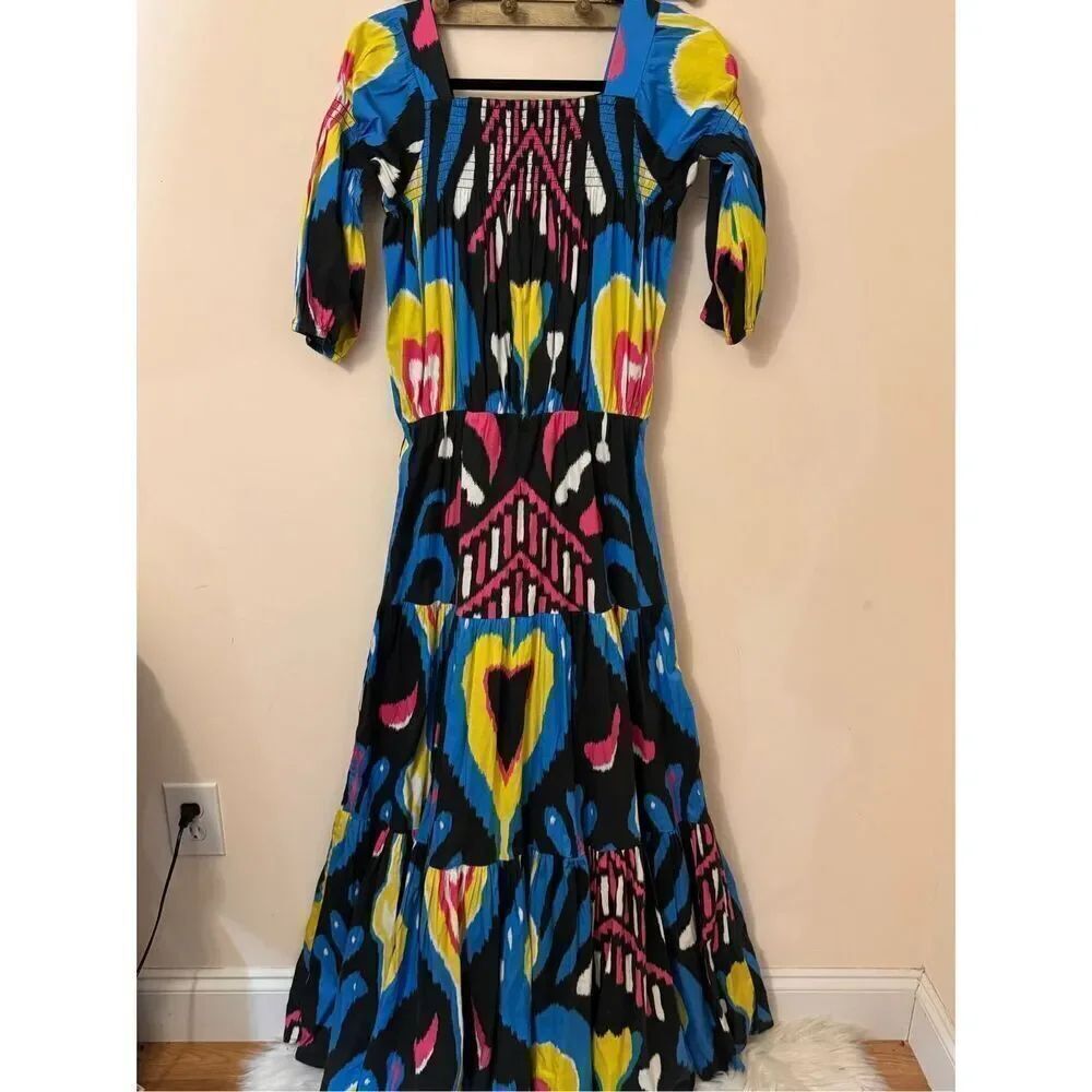Sheridan French Isabel Black Blue Heart Ikat Tiered Maxi Dress S